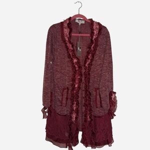 DEADSTOCK Whimsigoth "Pretty Angle" Burgundy ruffled cardigan with pockets.